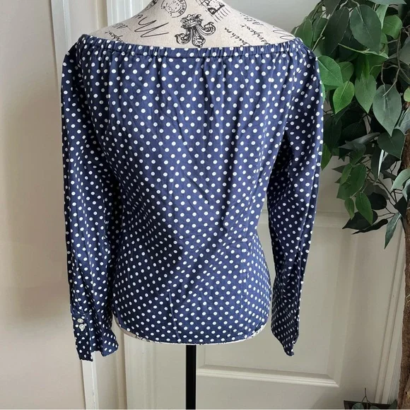Lauren Ralph Lauren Off Shoulder Polka Dot Button Down Top Blue Sz M - Picture 10 of 15
